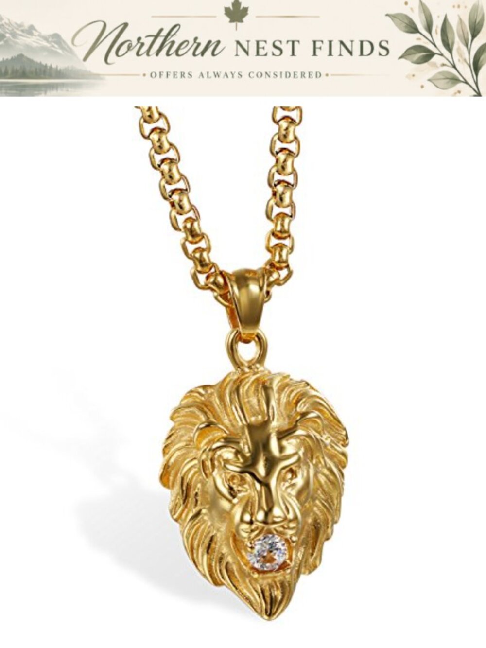 Men's Stainless Steel Lion Head Pendant Necklace Gold Plated 22in Chain